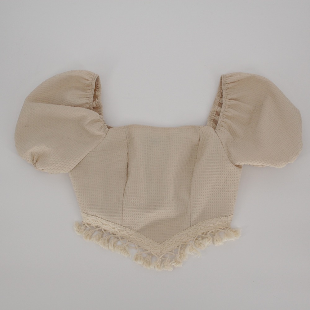 Salant Women's Beige Waffle Knit‎ Puff Sleeve Tassel Hem Crop Top Size S